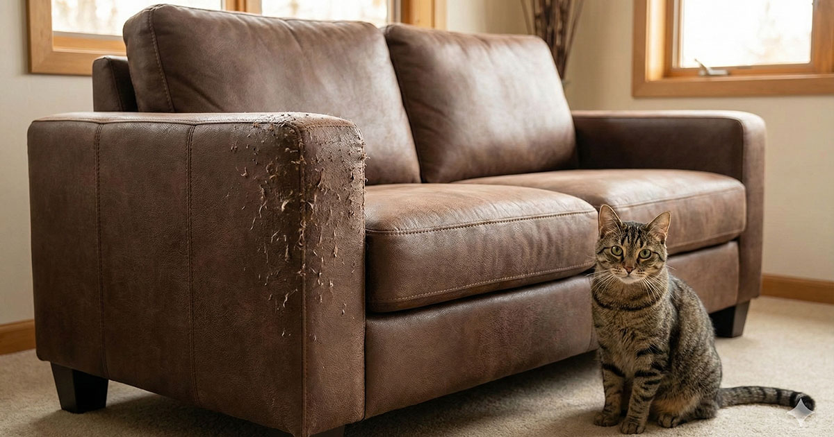 Chat tigré assis à côté d'un canapé en simili cuir marron avec l'accoudoir très griffé.