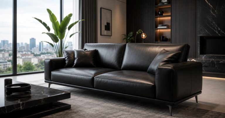 Salon moderne avec un canapé en simili-cuir brillant et entretenu.