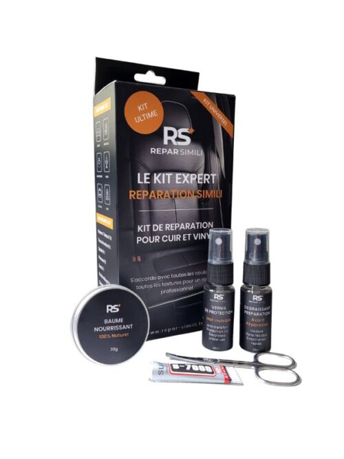 Kit Ultime Repar-Simili : kit réparation simili cuir et vinyle avec dégraissant, vernis, ciseaux, colle B-7000 et baume nourrissant