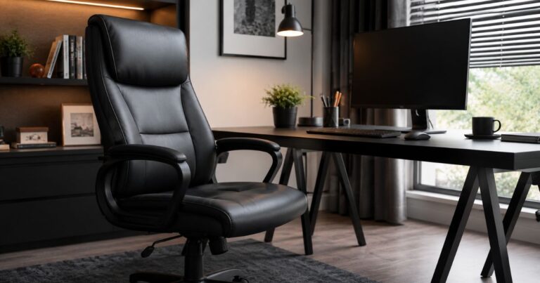 Un bureau moderne avec un fauteuil en simili-cuir noir parfaitement rénové.